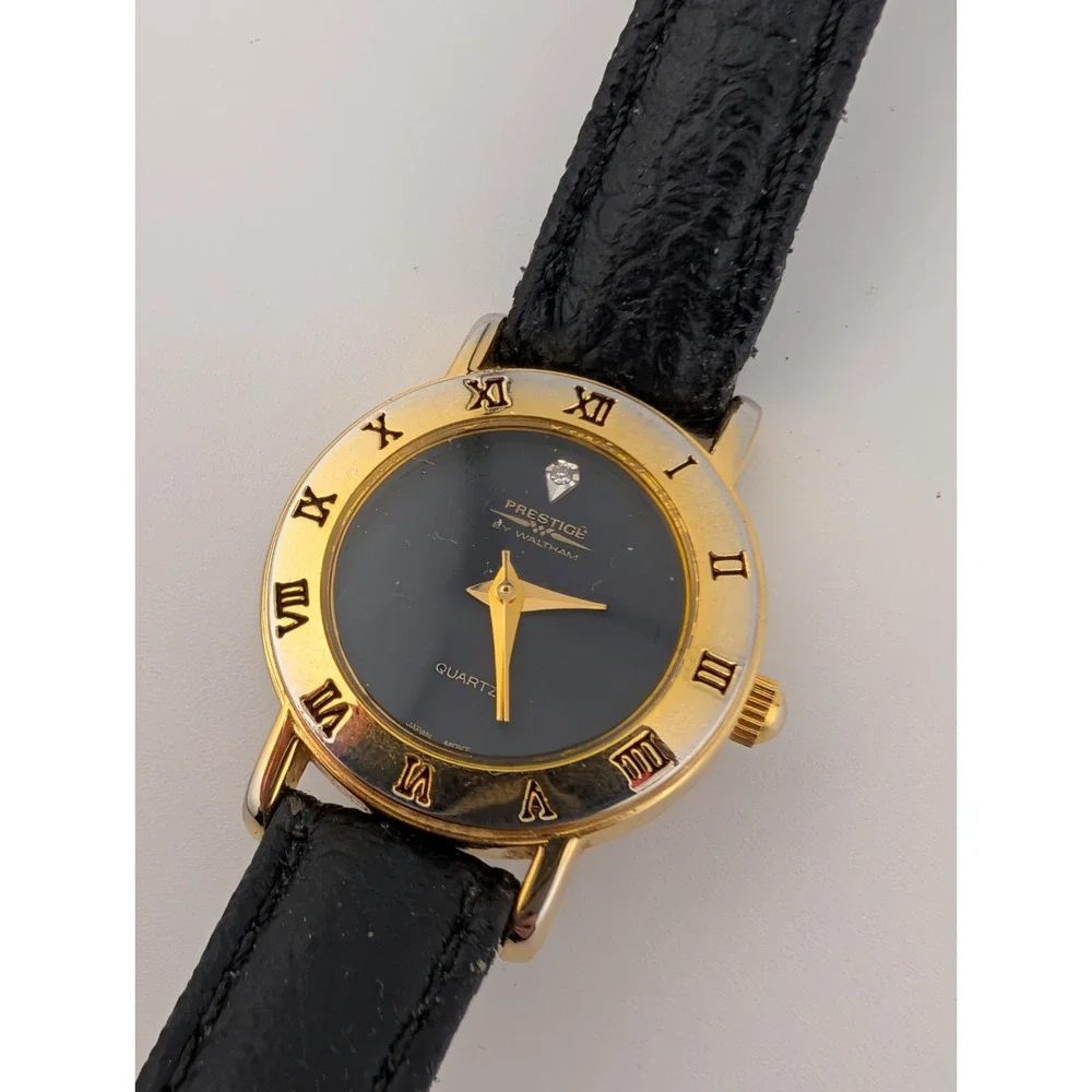 Prestige by Waltham Diamond Dial 25mm Watch Black Leather Band- New‎ Battery